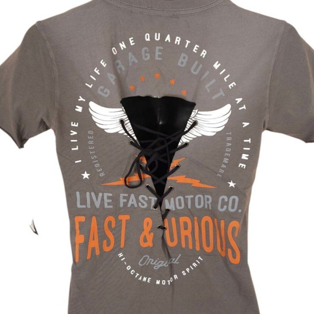 Affliction T Shirt Womens Size Small Gray Motor Parts FFW302 Lace Up Made In USA